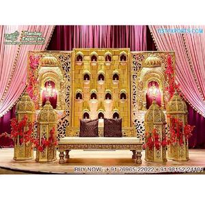 Decoración de escenario con tema de boda marroquí profesional para ceremonia musulmana de Walima y evento de recepción árabe escenario temático dorado - Product Image 1