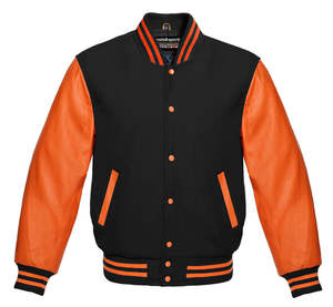 Veste classique pour homme en laine noire avec manches en cuir orange, style Letterman, manches longues. - Product Image 1
