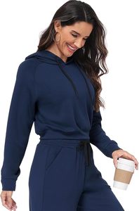 Sudadera con Capucha Azul Marino para Mujer, Manga Larga, Tejido de Algodón, Informal, para Otoño, con Bolsillos - Product Image 5