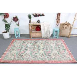 Vintage Rug, Area 5.8x6.7 ft Turkish Rug, <b>Red</b> Green Floral <b>Wool</b> Rug - Product Image 1