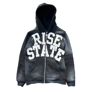 Sudadera con capucha recortada en blanco Desgastado Lavado con ácido Suelto Térmico Sudadera con capucha recortada Hombres Street-Wear Blank Raw Hem Crop Zip Up Hoodie - Product Image 1