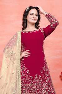 Top rouge pour femmes-Palazzo Collection Faux Georgette Fabrics With Embroidery Sequins Work For Women - Product Image 3