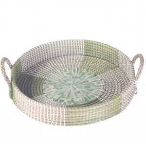 Capiz – incrustation d'herbe de mer rose, plateaux de bureau texturés unis, tissé à la main, rond en nacre, plateau de service en herbe de mer avec poignée - Product Image 2