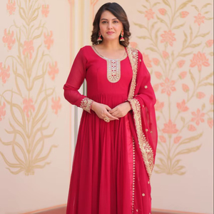 Elegante traje rosa de seda Anarkali Georgette de diseñador para mujer con estampado Dupatta para bodas Elegante vestido de trabajo para niñas - Product Image 1