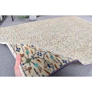 Tapis en laine bleu beige classique 4.4x7.5 pieds fait à la main rectangle de patchwork turc avec support en latex pour salon ou chambre à coucher - Product Image 4