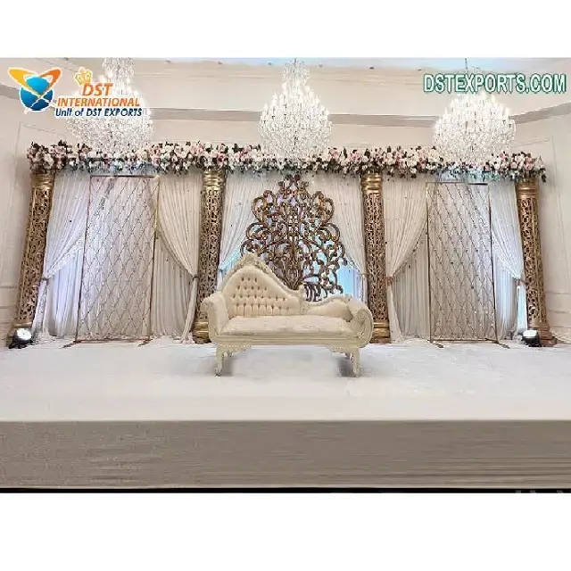 Palco de recepção de walima muscular com paredes de vela, palco de noivado, conceito aberto de casamento asiático, receptor de palco, bollywood