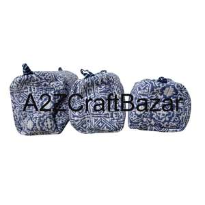 Hand Block Printed <b>Quilted</b> 100 % Pure Cotton Pouch Set Zipper Travel Toiletry & Makeup Organizer Bags Set of 3 Sizes - Product Image 2