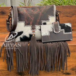 2025 nouvelle mode point à la main en cuir de vachette frange sacs à bandoulière et véritable cuir de vachette portefeuille à deux volets ensemble 2 pièces pour femmes - Product Image 1