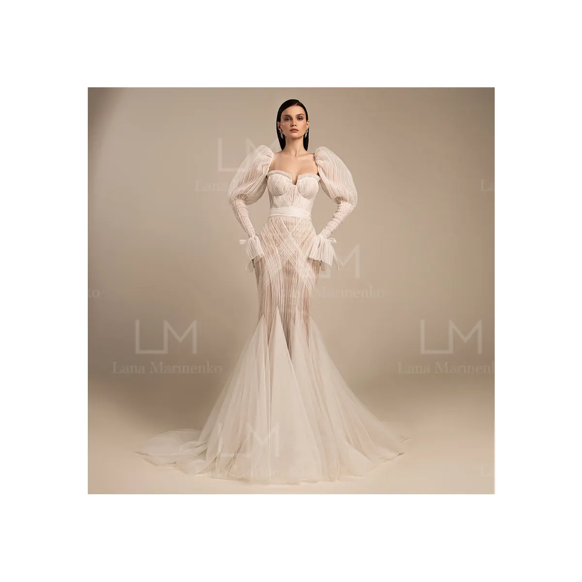 Custom design Mermaid semi-open back lace-up bows "Kaily" woman's wedding dress with puff detachable sleeves for women
