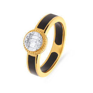 Anillo de Diamantes Halo de Lujo en Oro Amarillo de 18K con Banda de Esmalte Negro y Diamantes Redondos y Baguette para Mujer - Product Image 1