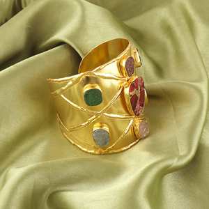Trendy jewelry natural uncut raw multi stone with mohave <b>ruby</b> copper turquoise adjustable <b>bracelet</b> 18k gold plated designer cuff - Product Image 3