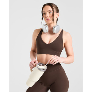Soutien-gorge de sport de base marron de marque en gros Bretelles dorsales réglables Décolleté en forme de V Soutien-gorge de sport de fitness pour femmes adultes à impact élevé - Product Image 5