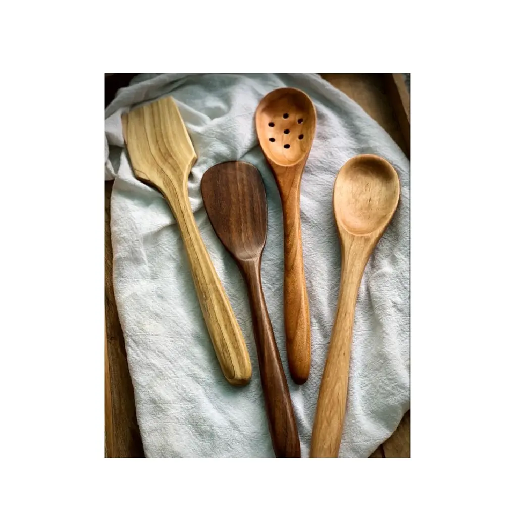 Набор деревянных ложек и вилок ручной работы из натурального дерева акации, экологически чистая посуда, антипригарные кухонные ложки, щипцы