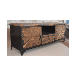 Mueble de TV tradicional de madera maciza y hierro, 2 puertas, 1 cajón, ecológico, 150x40x50cm, para dormitorio, sala de estar, uso de lavandería al aire libre - Product Image 2