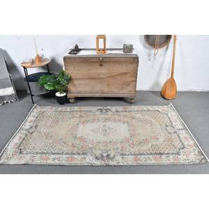 Tapis turc vintage Beige rose 3.6x6,9 pieds tissage plat en laine avec motif patchwork pour les décorations de salon ou le couloir - Product Image 1