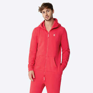 80% Cotton 20% Polyester Brushed Back Unisex <b>Onesie</b> with Two Way YKK Quality Zipper Bright Red Casual Style Original Design - Product Image 3
