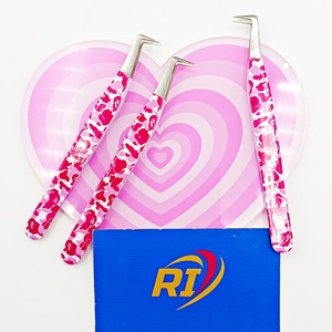 Pinces à extensions de cils professionnelles en gros, acier inoxydable, anti-magnétiques, durables, pour cils classiques et volumineux, camouflage rose - Product Image 4