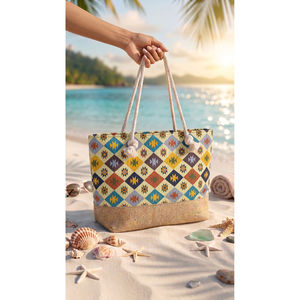 Bolso de Playa Impermeable con Patrón, Detalle de Paja, Bordado de Letras, Cierre Abierto, Lona de Ratán y Fieltro para Primavera Verano - Product Image 1