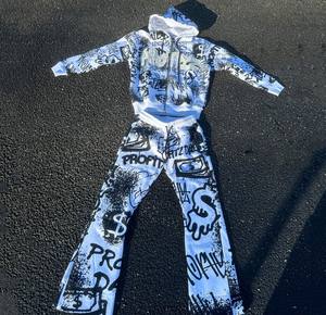 Streetwear vintage sérigraphie avec logo et lettre, ensemble de pantalons de survêtement baggy à capuche et fermeture éclair graffiti délavés à l'acide, vente en gros - Product Image 5