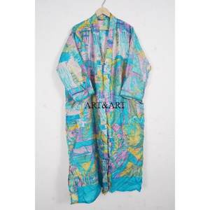 Kimono Occidental Tipo Bata Elegante 100% Seda con Patrones Étnicos Vibrantes, Cinturón en la Cintura, Largo, Decoración de Encaje, Suave e Informal - Product Image 4