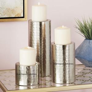 Bougeoir pilier en métal martelé de conception américaine pour la décoration de la maison et du mariage pilier cylindrique en argent - Product Image 3