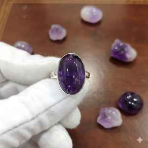 Anillo de Latón Ajustable con Diseño Retro de Obsidiana Azul y Amatista, Anillo Retro con Piedra de Amatista Elíptica para Mujer - Product Image 3