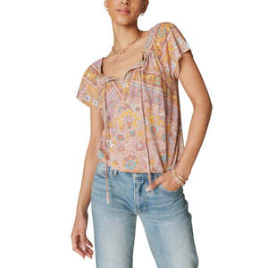 Lucky Brand Women's Cotton Printed Peasant <b>Bubble</b> <b>Top</b> Beige Size Medium-for Summer - Product Image 1