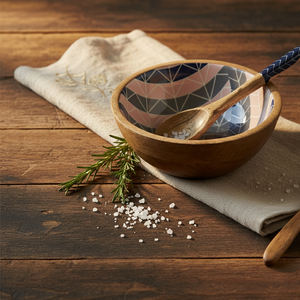 Ensemble bol et cuillère en mosaïque de marguerites en bois naturel, design floral fait main, emballage moderne et écologique, cadeau d'affaires - Product Image 2