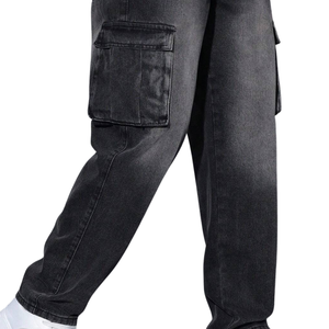 Pantalon slim en denim noir uni pour homme, taille mi-haute, délavage enzymatique, en coton/élasthanne, respirant, séchage rapide, décontracté, multi-poches - Product Image 5