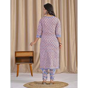 Conjunto de Kurta y Pantalón de Algodón Estampado a Mano con Diseño de Duraznos, Estilo Casual de Verano, Tela Chifón - Product Image 6