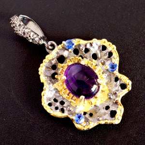 Cabochon ovale naturel améthyste kyanite pendentif 925 argent plaqué or collier floral cadeau d'anniversaire pour elle - Product Image 1