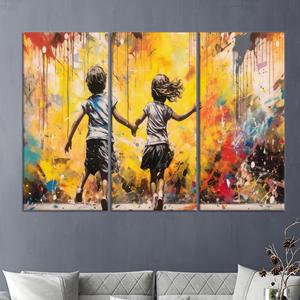 Impression sur toile Running Kids Street Art, Décoration Urbaine aux Couleurs Vibrantes, LOT DE 3 TOILES - Product Image 1
