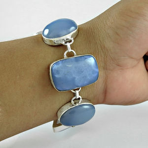 High Quality Wholesale Price 925 Sterling <b>Silver</b> Natural Chalcedony Gemstone Cabochon Shape Chunky <b>Bracelet</b> Handmade Jewelry - Product Image 3