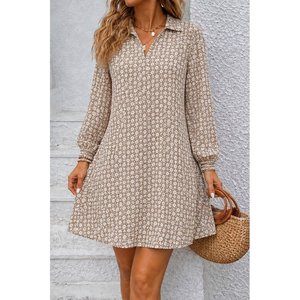 Robe courte en modal à col et manches longues pour femme, motif imprimé, 37739 - Beige - Product Image 1