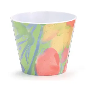 Blooms Tin Pot Cover Round Planter With Abstract Flower Artwork in Mulitiple Shades Multi Colour Melamine Water Colour Pot Cover