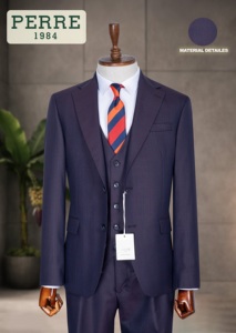 Costume d'affaires pour homme en laine peignée et polyester, rayures fines bleu marine, double boutonnage, col mandarin, style britannique, infroissable, coupe classique - Product Image 2