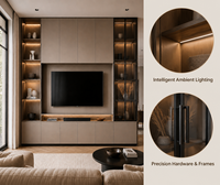 Unit TV Dinding Minimalis Modern KEJIA dengan Lampu LED Matte Taupe, Kabinet TV Media Terintegrasi, dan Display Kaca
