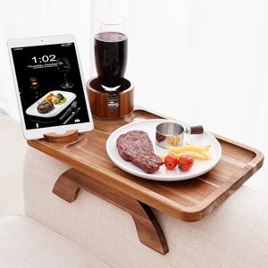 <span class=keywords><strong>Plateau</strong></span> de canapé 3-en-1 en <span class=keywords><strong>bois</strong></span> d'acacia avec porte-gobelet et support de téléphone rotatif à 360° - Product Image 2