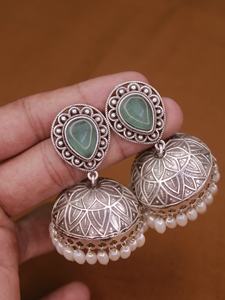 ต่างหู chittai jhumki ฐานทองเหลืองสีเงินดูคล้ายกับหิน monalisa ต่างหูแบบดั้งเดิมของผู้หญิงและเด็กผู้หญิง - Product Image 4