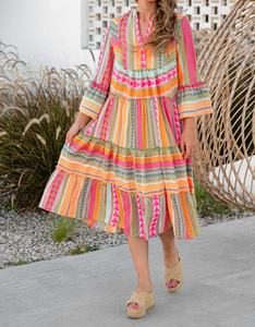 Vestido Midi Boho con Cuello en V y Mangas Farol, Estampado Geométrico, Dobladillo con Volantes, Corte Holgado, Vestido Casual de Verano, Color Caramelo, Tejido de Tela - Product Image 2
