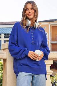 Mode femmes sweats surdimensionnés décontracté à manches longues bouton Henley cou pull tunique hauts automne mode tenues à la mode 2025 - Product Image 5