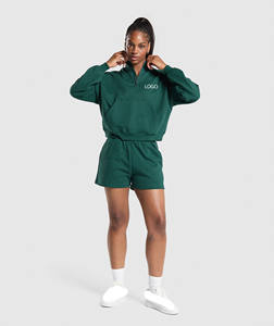 Sweat-shirt à fermeture éclair pour femmes pull surdimensionné Logo personnalisé Streetwear décontracté 100% coton demi-fermeture éclair à manches longues pull uni - Product Image 4