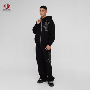 Unisex Custom Logo Printed Black Oversized Boxy Zip Hooded Tracksuit 100% Cotton 450gsm Heavyweight Wide Leg Sweatpants Sets - Product Image 1