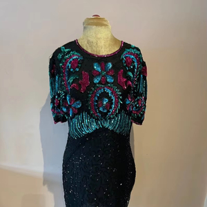 Elegante Floral Aline Tea-Length vestido de fiesta de noche con lentejuelas con cuentas y bordado largo con posición de logotipo frontal - Product Image 1