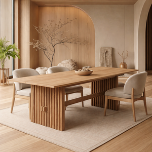 Mesa de Comedor de Madera de Mango Sólida |   Mesa con Base de Listones Estilo Japandi para Sala de Estar o Comedor |   Tamaños y colores personalizados Hechos a mano - Product Image 1