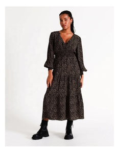 2026 New Product Hot Black Casual <b>Dress</b> Decorated with a Gorgeous Print and Shirred Waistline V Neck Puff Sleeve Plus Size <b>Dress</b> - Product Image 1