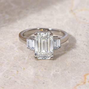 12X8mm <b>Emerald</b> Cut Moissanite Engagement <b>Ring</b> Baguette Cut Accents 925 Sterling <b>Silver</b> Custom Jewelry - Product Image 1