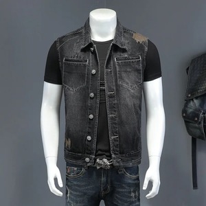 Premium Quality Winter Embroidery Distressed Denim Motorcycle Biker <b>Vest</b> Men's Casual Sleeveless 100% Cotton <b>Slim</b> Fit Outerwear - Product Image 2
