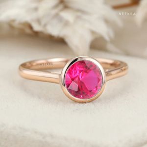 10K Or Massif Art Déco Forme Ronde Solitaire Anneau Lunette Ensemble Bague Rubis De Laboratoire De Coupe Ronde Avec Option De Remplacement De Pierres Précieuses - Product Image 2