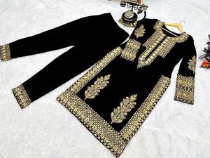 Readymade Traditionnel Ethnique Indien Pakistanais Kurti Ensemble, Velours Avec Séquence Broderie Travail Pleine Couture Partie - Product Image 5